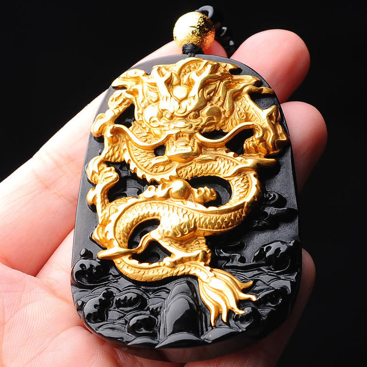 Obsidian Drachen Anhänger Gold schwarz Kette Naturstein Schmuck Pendant