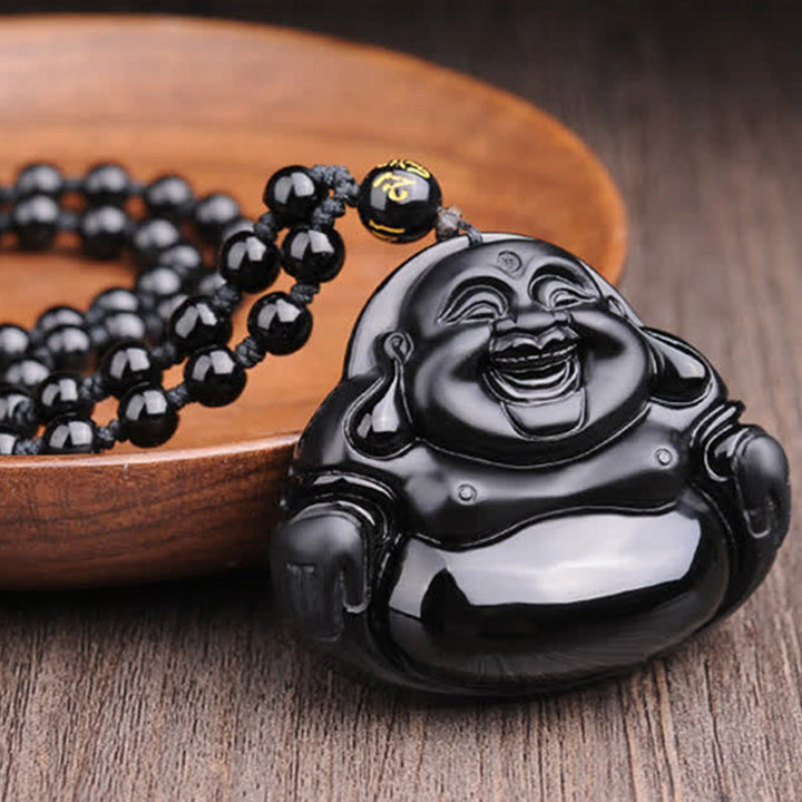 Anhänger Kette Obsidian Lachender Buddha schwarz Perlen