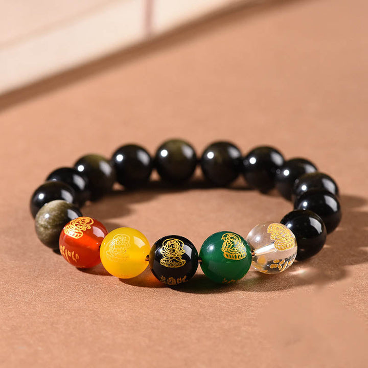 Armband Schwarzer Obsidian mit bunten Edelsteinen Wohlstand Glück