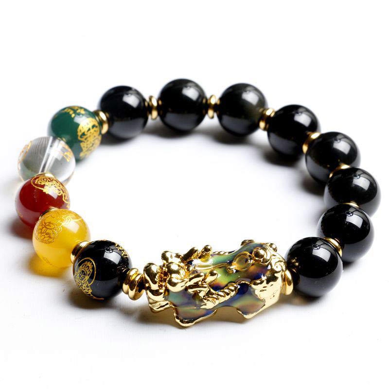 Armband Obsidian Pixiu schwarze Perlen goldene Pixiu Verschluss Wohlstand