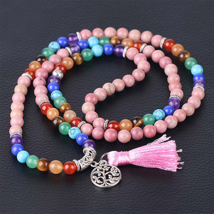Mala Kristall – Heilung Energie Armband Chakra Perlen rosa Quarz Tassel.