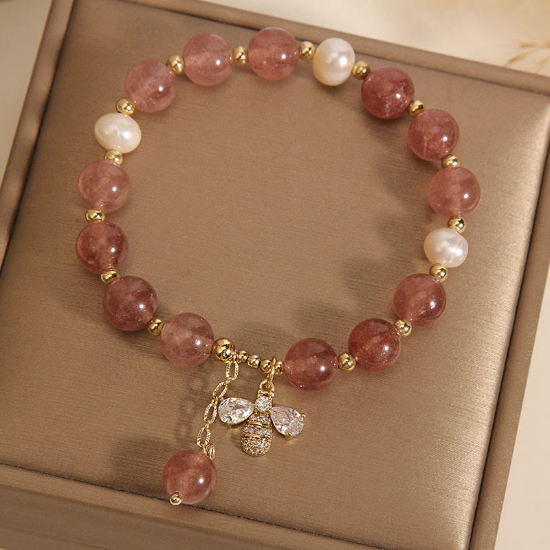 Armband Erdbeerquarz Perle goldene Perlen Anhänger elegant Naturstein