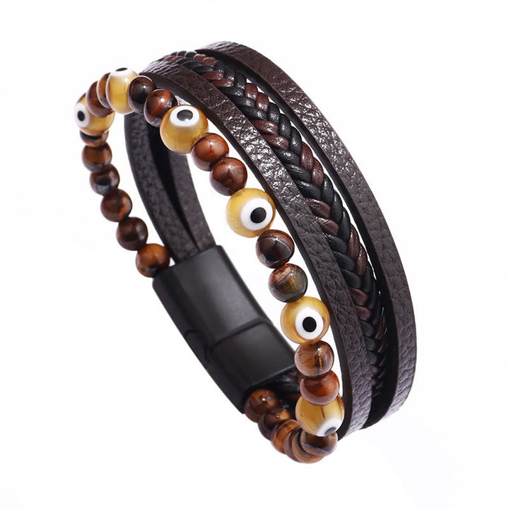 Armband Tigerauge Böses Auge Schutz braun schwarzes Leder mehrreihig