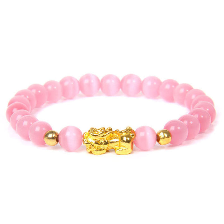 Rosafarbenes Perlen-Armband mit goldenem Pixiu-Anhänger Glück Wohlstand
