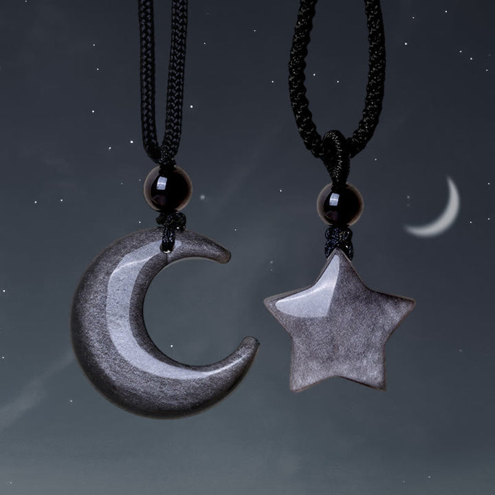 Obsidian Silberglanz Kette Mondsichel Stern Schutz