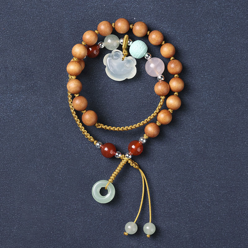 Armband Sandelholz mit Jade Anhänger Perlen elastisch Naturstein