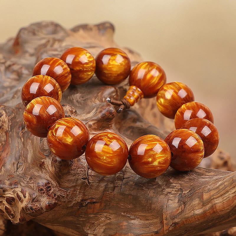 Mala – Erfolg Tigerauge Perlen Armband auf Holz Naturstein glänzend