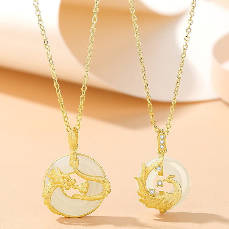 Kette Hetian-Jade Drachen-Phönix Glück Gold Anhänger