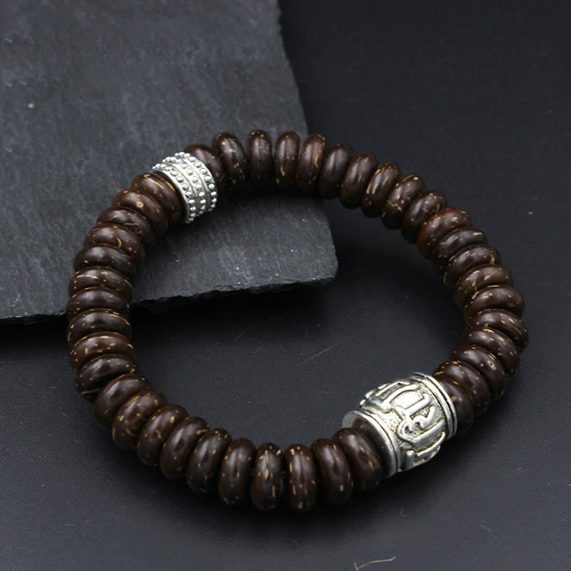 Braunes Holz Armband Om Mani Padme Hum Energie Silber Perlen elastisch