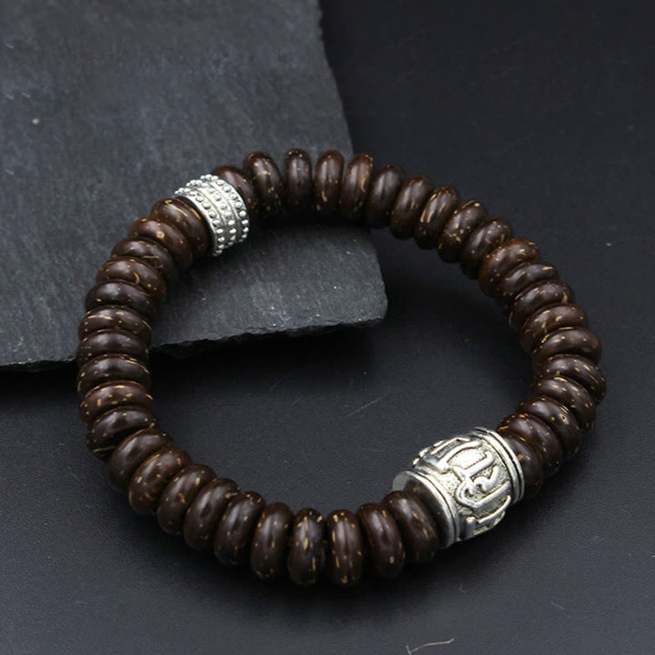Braunes Holz Armband Om Mani Padme Hum Energie Silber Perlen elastisch