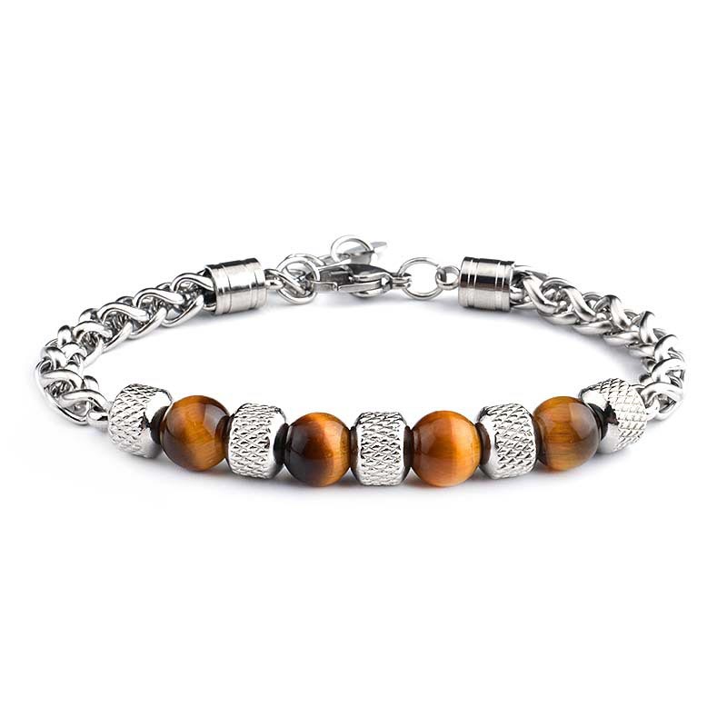 Silberarmband mit braunem Tigerauge und Strukturperlen Nahaufnahme