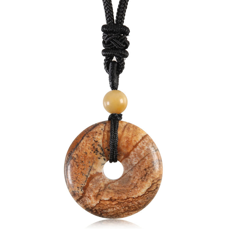 Braune Jade Münz-Anhänger Kette schwarze Kordel Naturstein Glück