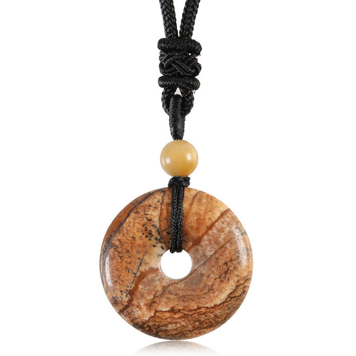 Braune Jade Münz-Anhänger Kette schwarze Kordel Naturstein Glück
