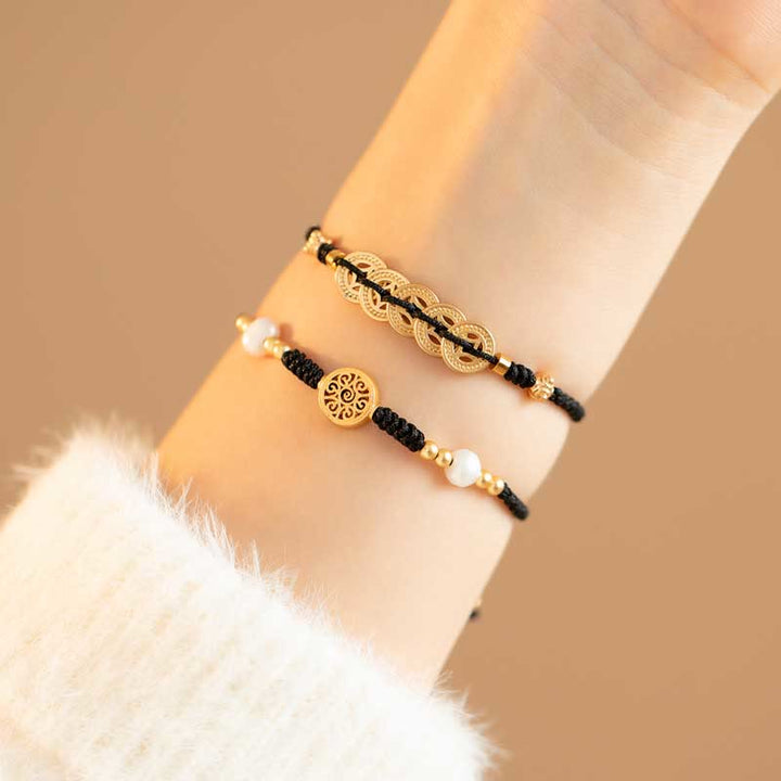 Armband Kupfer – Glück & Stärke schwarze Perlen Gold elegant Handgelenk