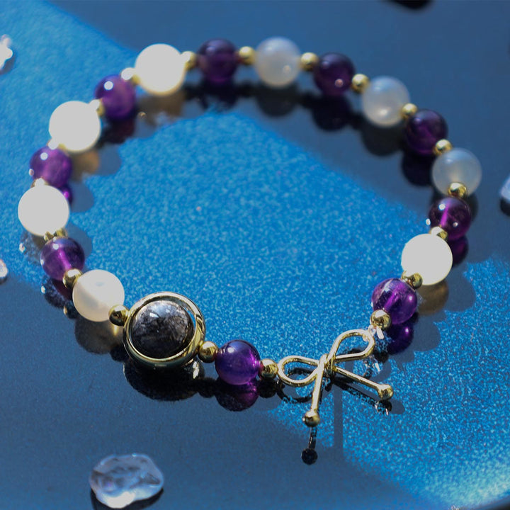 Armband Amethyst Katze – Energie lila weiß Naturstein elastisch