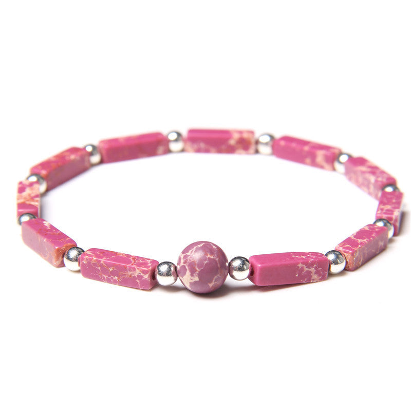 Elastisches Armband aus rosa Tigerauge mit Amethyst-Kugel und Metallperlen