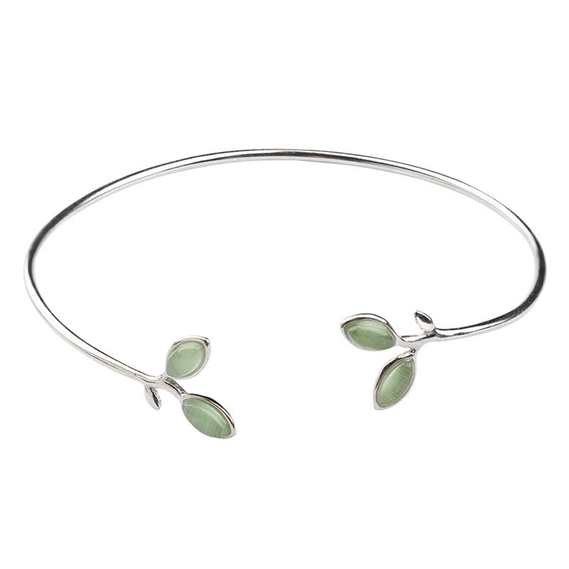 Armband Blatt Katzenauge grüner Stein silbern offenes Design elegant