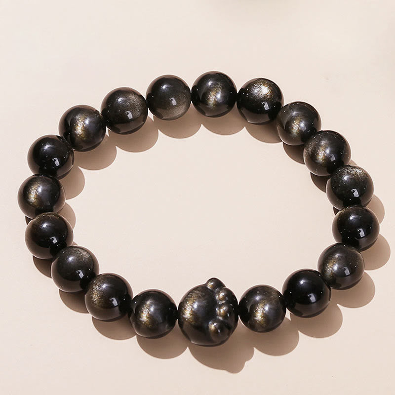 Schwarzes Obsidian Armband Silber Katze Wohlstand Naturstein elastisch
