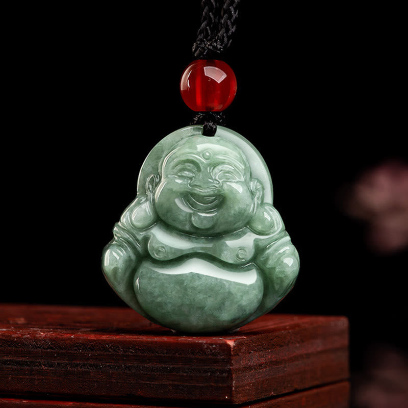 Jade Kette Lachender Buddha grüner Naturstein Anhänger Glück