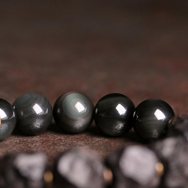 Schwarzer Obsidian Armband Kupfer Paar Stärke glänzende Perlen Naturstein