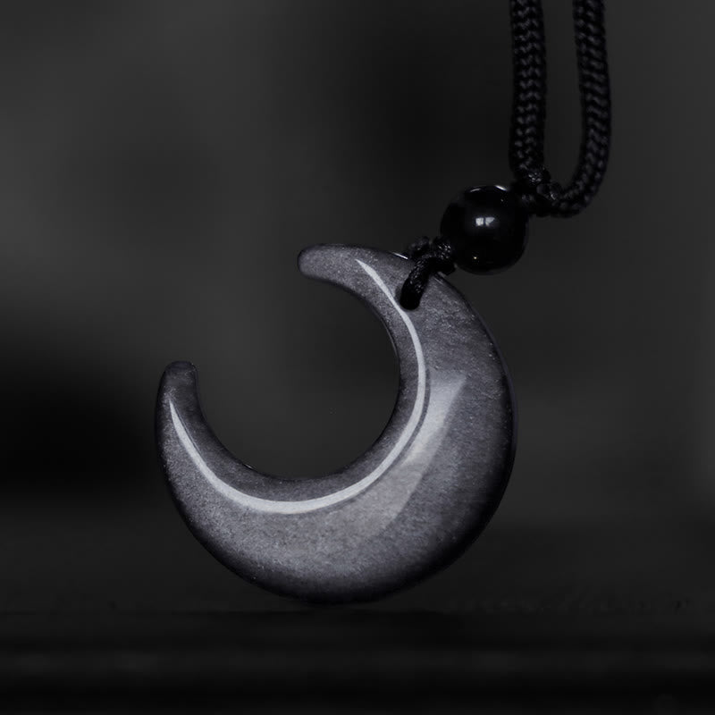 Schwarze Obsidian Kette mit geschwungenem Anhänger Naturstein Schutz