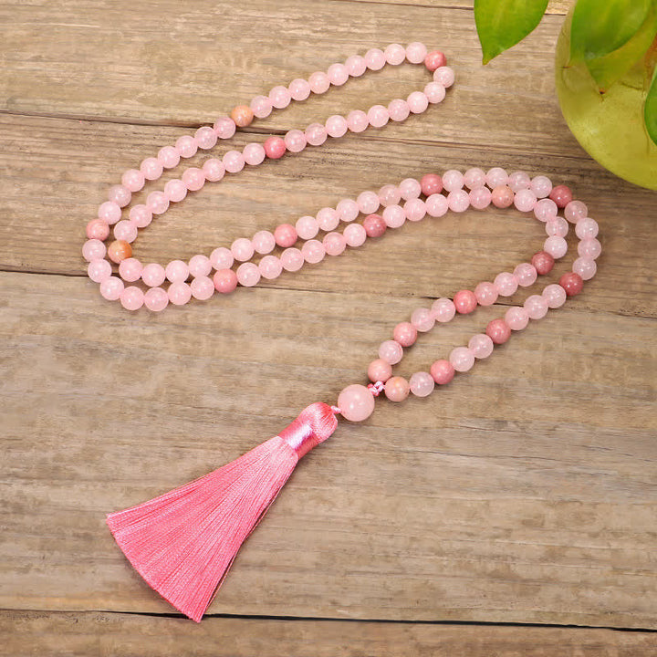 Rosenquarz Mala 108 Perlen Kristall mit rosa Quaste Holz