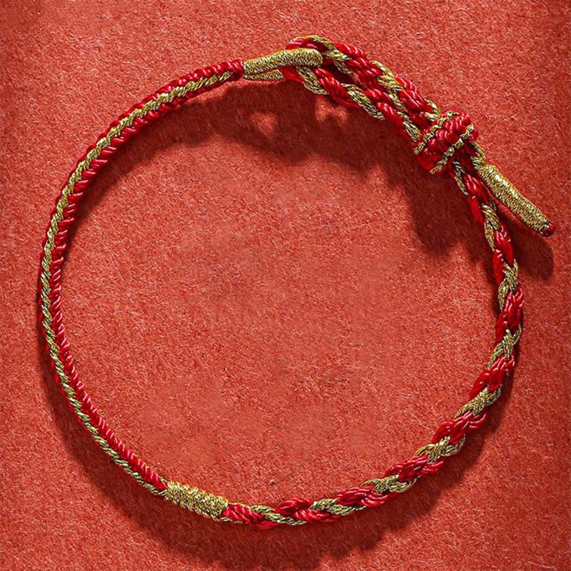 Rotes Armband Chinesisches Tierkreis – Schutz mit goldenem Geflecht elastisch