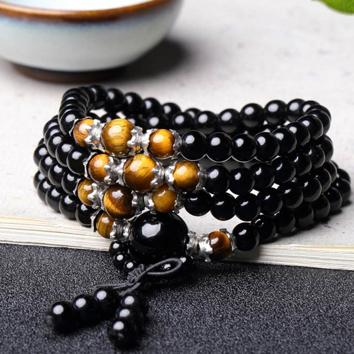 Mala 108 Perlen Schwarzer Obsidian Tigerauge