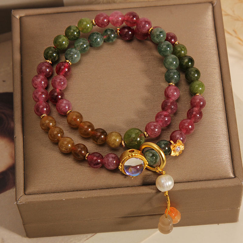 Armband Bunt Tourmaline Positiv Doppelt Gewickelt Naturstein Perlen Gold