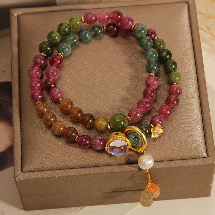 Armband Bunt Tourmaline Positiv Doppelt Gewickelt Naturstein Perlen Gold