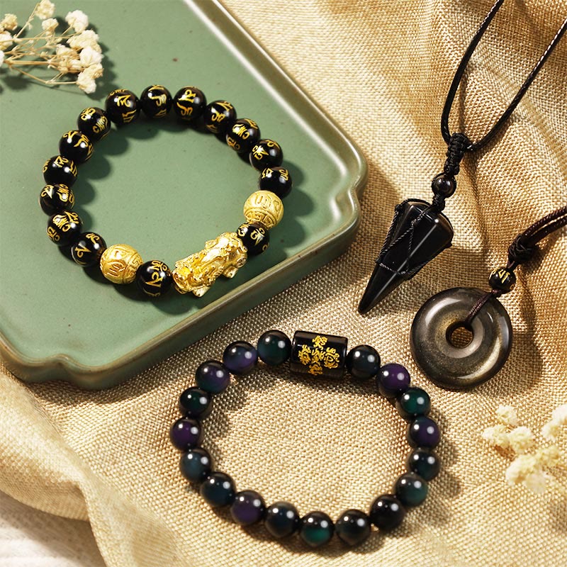 Obsidian Armband Absorbing Negative Energies Bundle schwarze Perlen Schmuck Flatlay