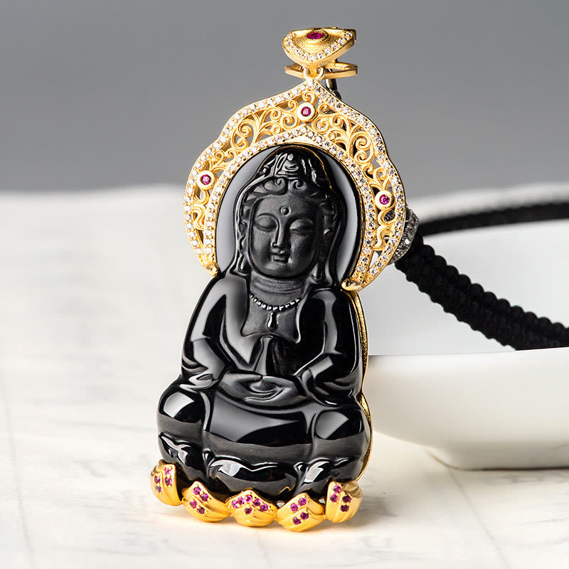 Schwarze Jade Kwan Yin Anhänger Gold Natur