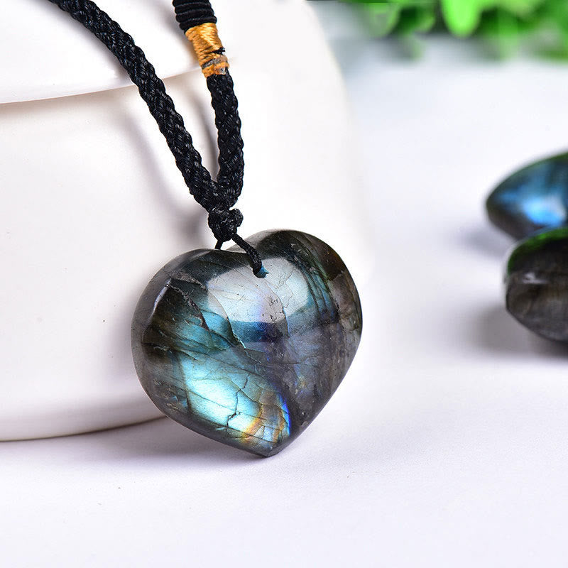 Kette Labradorit Herz – Liebe & Harmonie – Echter Naturstein – Kette Labradorit Herz blauer Glanz Naturstein Anhänger schwarze Schnur