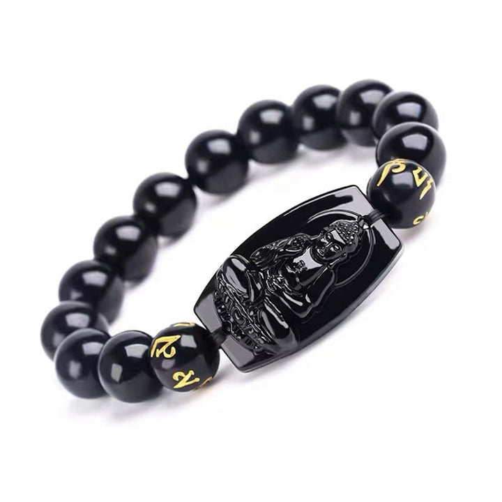Obsidian Armband mit schwarzen Perlen und chinesischem Schutzanhänger elegant