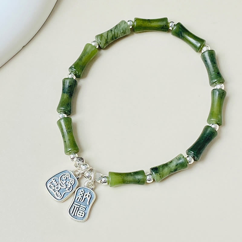 Grünes Jade Armband 925 Silber Fu-Zeichen Glück Fülle Charm Armband