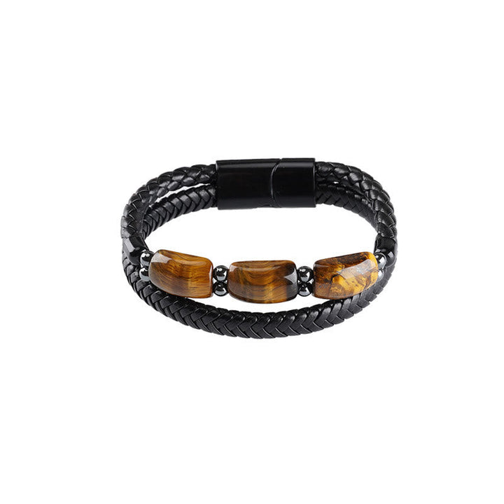 Armband Tigerauge Magnetisch mit gewebtem schwarzem Leder und Natursteinen