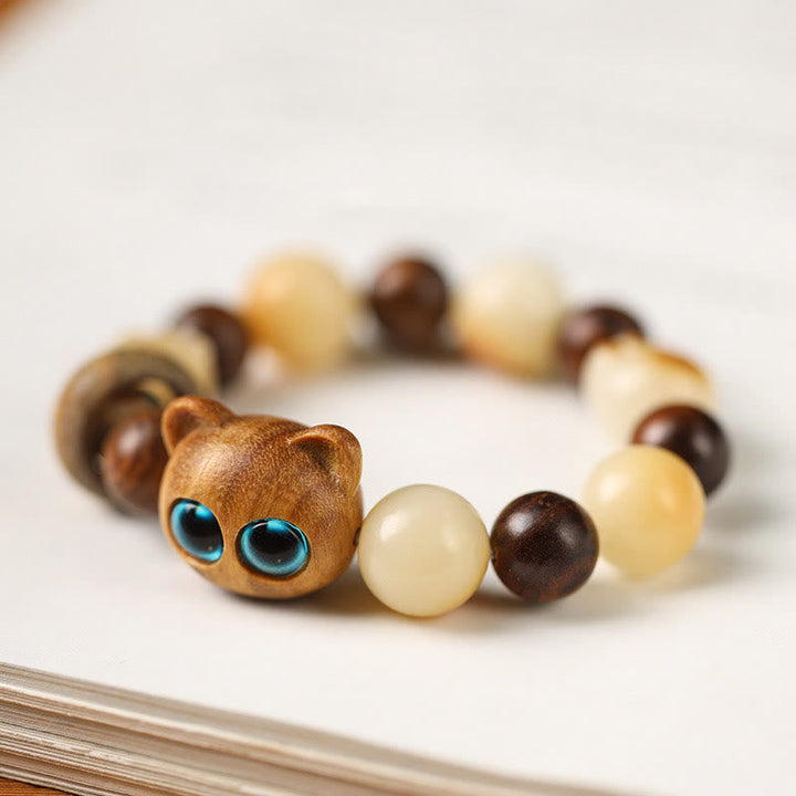 Armband Sandelholz Bodhi Katze mit Perlen Glück Frieden elastisch