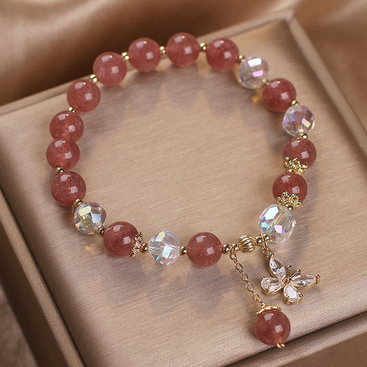Armband Erdbeerquarz Schmetterling rosé Perlen gold elegant Heilung