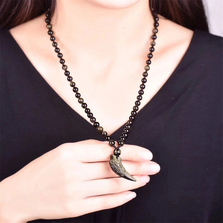 Obsidian Anhänger Kette Wolf Zahn Naturstein Stärke