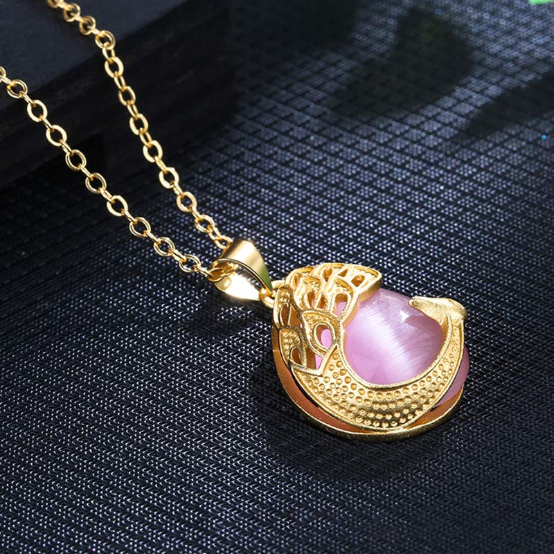 Kette Rosenquarz Chalcedon Pfau Kupfer Liebe goldfarben