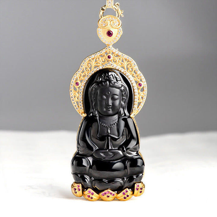 Kette Kwan Yin Schwarze Jade Gold Wohlstand