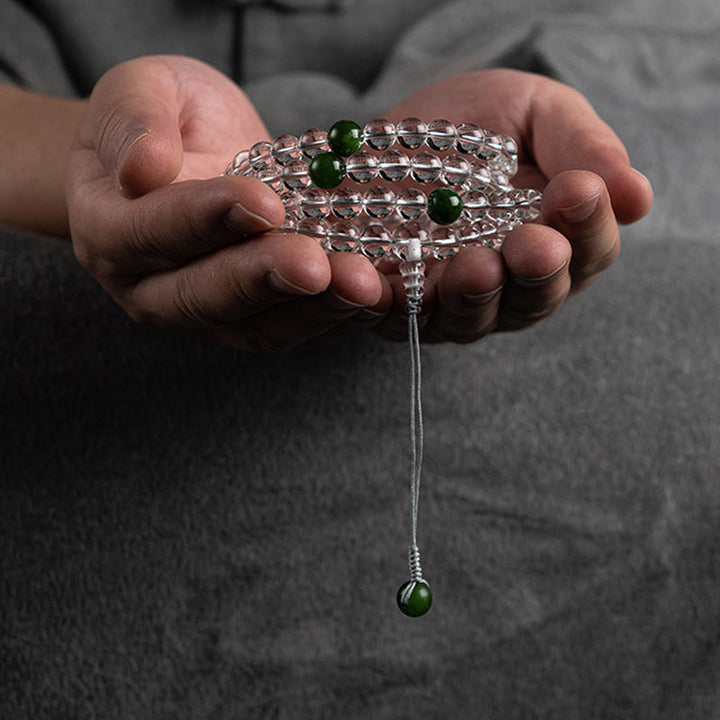 Mala 108 Perlen Weißer Kristall Jade Armband in Hand grüne Perlen