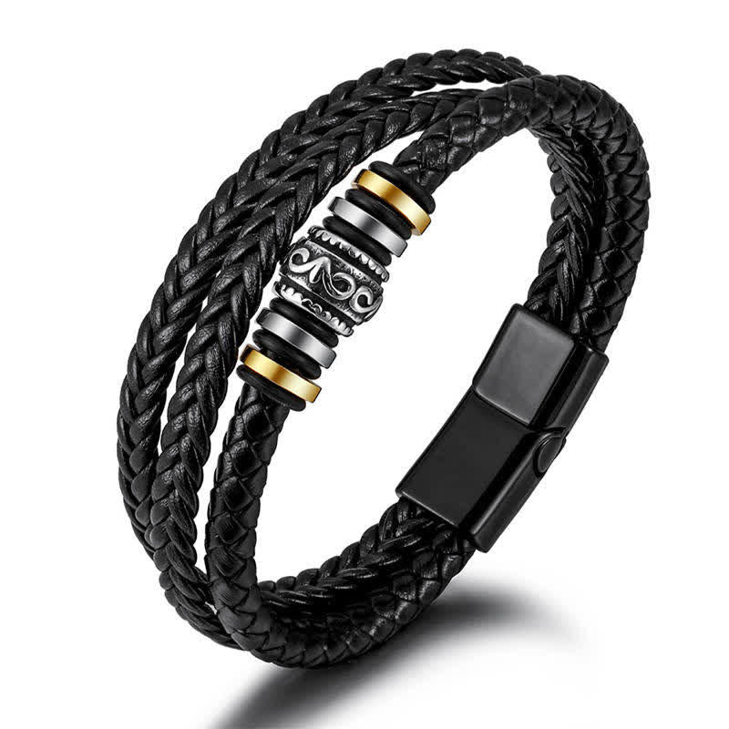 Schwarzes geflochtenes Lederarmband mit metallischen Verzierungen Balance