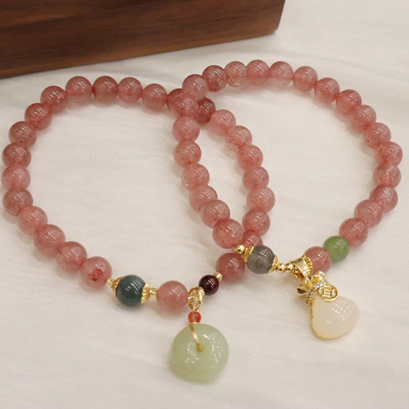 Armband Erdbeerquarz Jade Naturstein elastisch Perlen Anhänger Gold