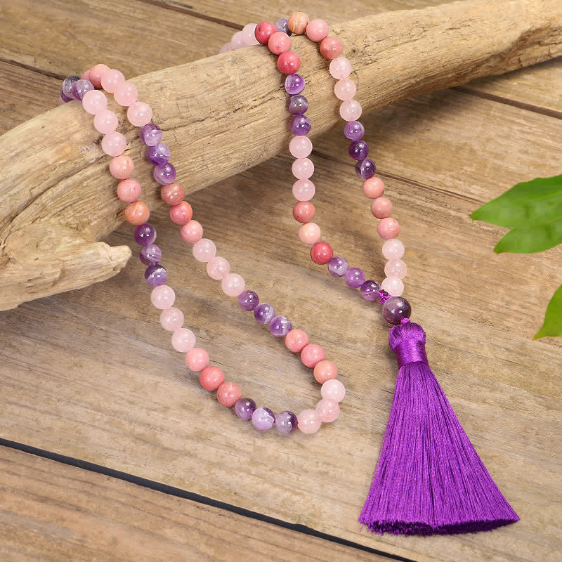 Mala Rosenquarz Amethyst Halskette mit lila Quaste Heilung