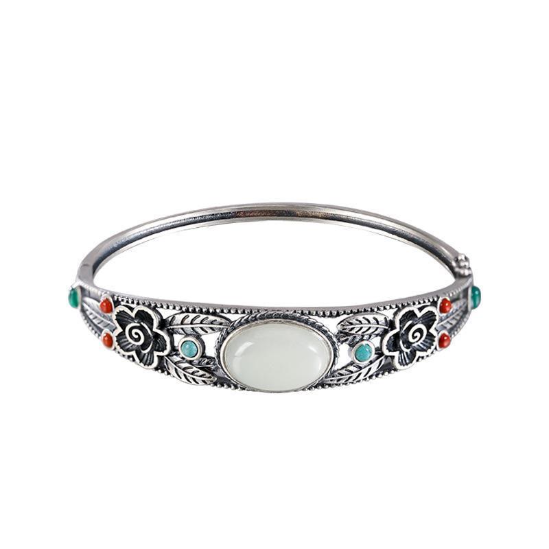 Armband Weiße Jade Cyan Jade Glück Harmonie Silber Blumenmuster elegant