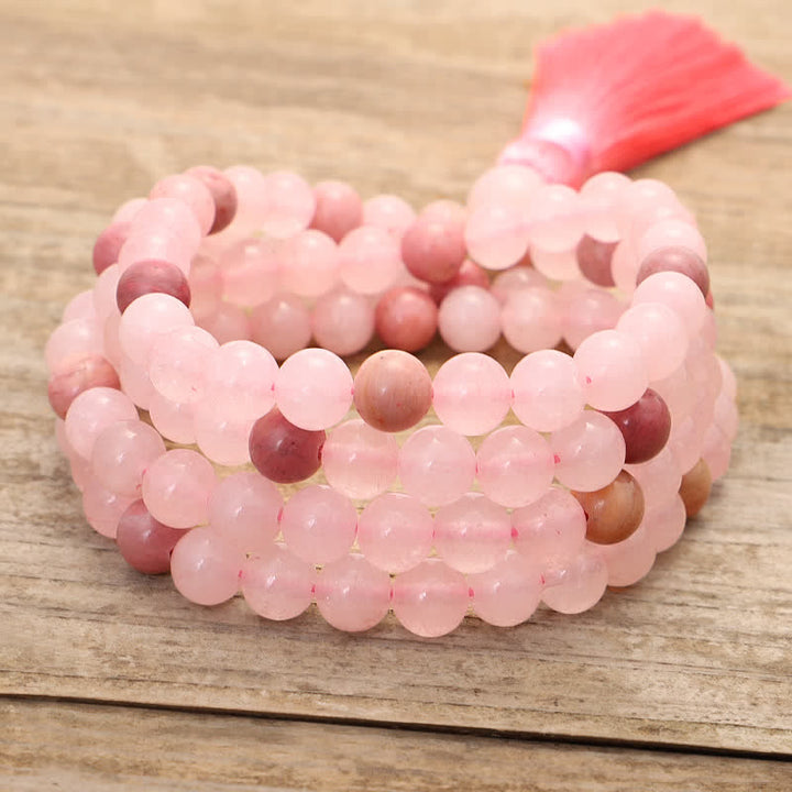 Rosenquarz Mala 108 Perlen Kristall – Liebe Armband elastisch Naturstein