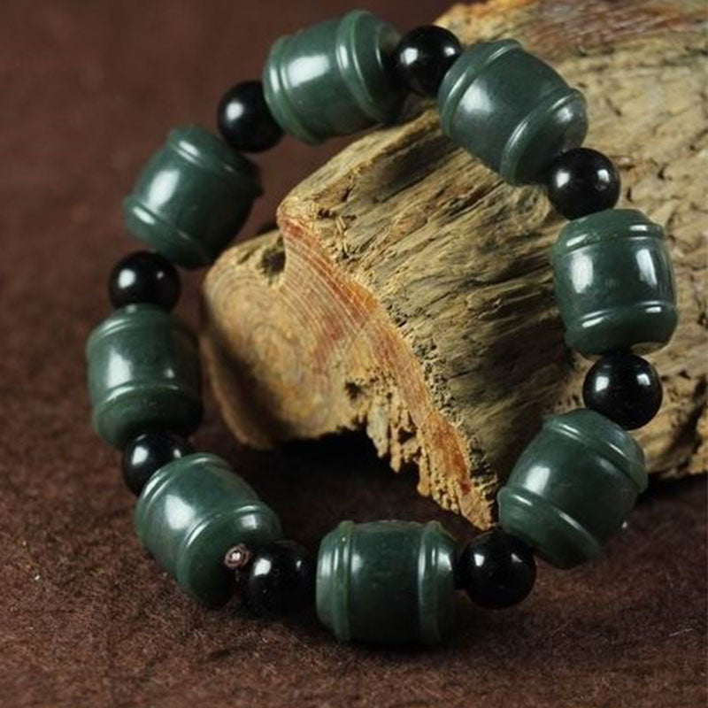 Armband Cyan Jade mit schwarzen Perlen Naturstein elastisch