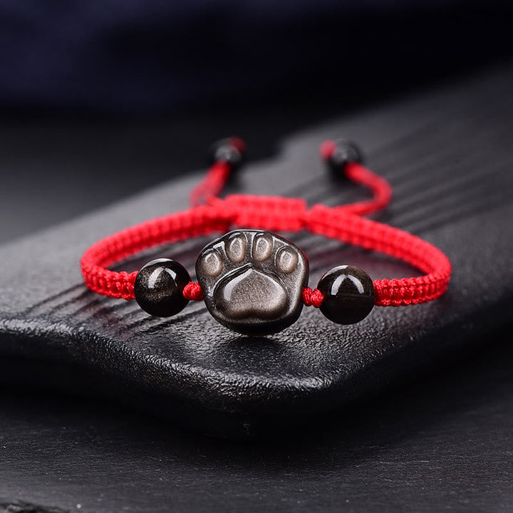Rotes Armband Silber Obsidian Pfote Schutz elastisch Naturstein.