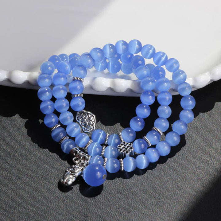 Blaues Katzenauge Armband PiXiu Dreifach elastisch Naturstein glänzend